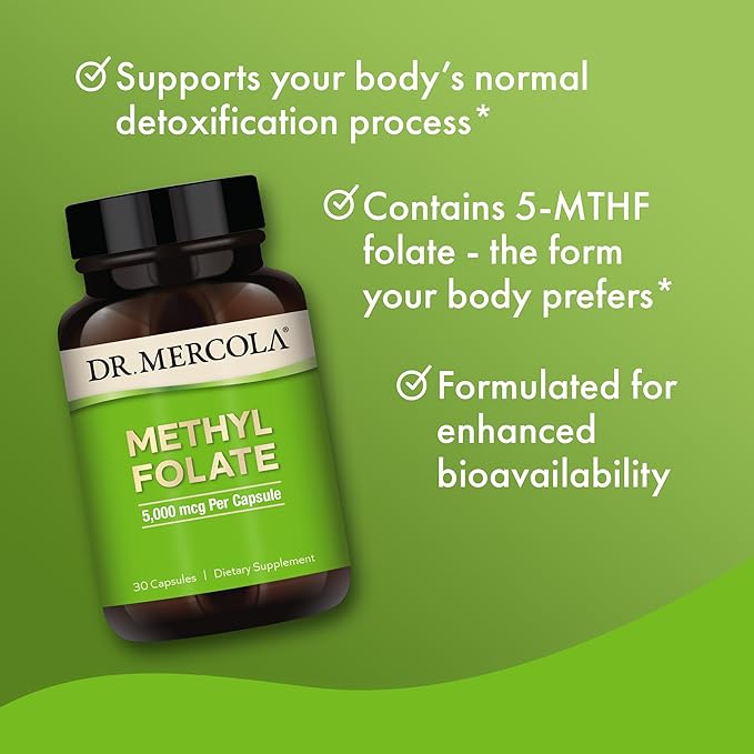 Dr. Mercola Methyl Folate - Supports Detoxification & Cellular Health - 5-MTHF Folate - Bioavailable Formula - 5 mg - 30 Capsules