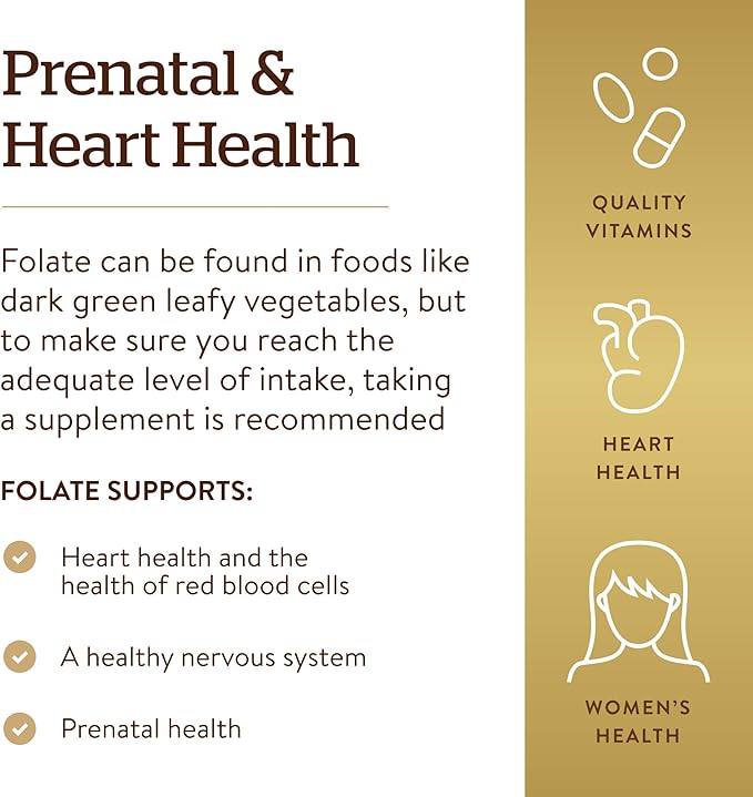 Solgar Folate 1,333 MCG Dietary Folate Equivalent (800 mcg Folic Acid), 250 Tablets - Heart Health, Healthy Nervous System, Prenatal Support - Non-GMO, Vegan, Gluten Free, Dairy Free - 250 Servings