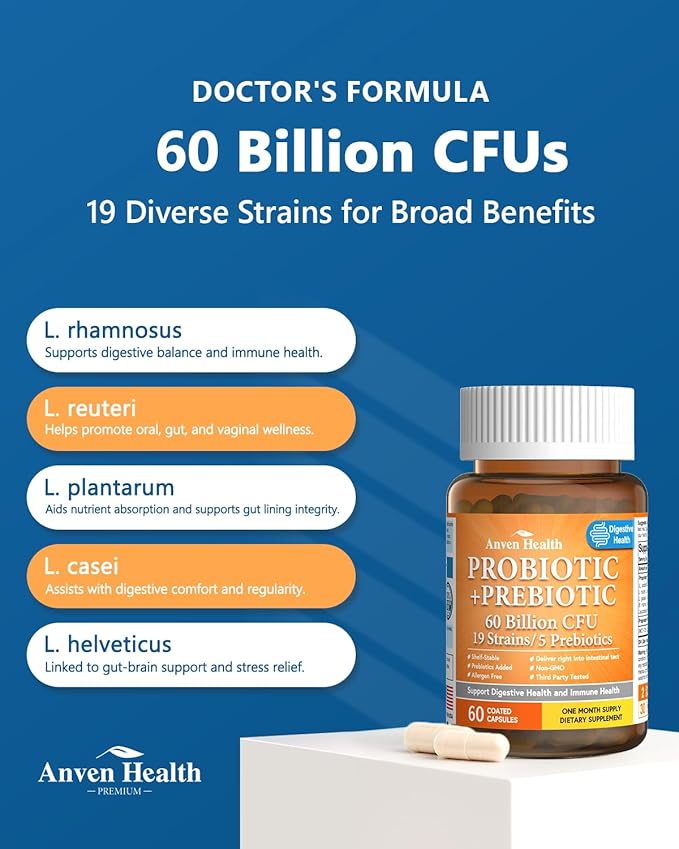 60 Billion Probiotic and Prebiotic for Women and Men - 19 Strains 5 Organic Prebiotics for Gut Digestive & Immune Health, Supports Diarrhea Gas Bloating, Non-GMO – Made in USA丨60 Caps