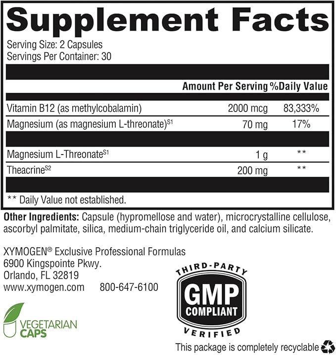 XYMOGEN Cogniquil - Magnesium L-Threonate Supplement for Clarity, Focus & Mental Energy Support* - with Theacrine & Vitamin B12 - Non-GMO & Gluten-Free - 60 Capsules