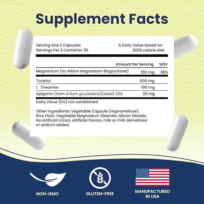 Deep Sleep Formula, Natural Sleep Aid Without Melatonin, Magnesium Bisglycinate, L. Theanine, Inositol, Sleep Pills for Adults, 60 Vegan Capsules
