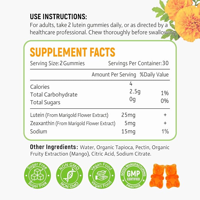 Lutein Gummies 25mg - Eye Vitamins Lutein & Zeaxanthin Eye Health Supplements for Adults,Sugar Free Eye Health Gummies Supplement - Support Vision,Macular,Blue Light Filtering (120 Count)