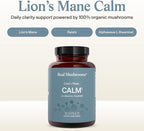 Real Mushrooms Lion’s Mane Calm Capsules (90 Count) – 400mg Organic Lions Mane Fruiting Body Extracts, 200mg Organic Reishi, 200mg AlphaWave L-Theanine for Calm Clarity & Relaxed Alertness, 90ct