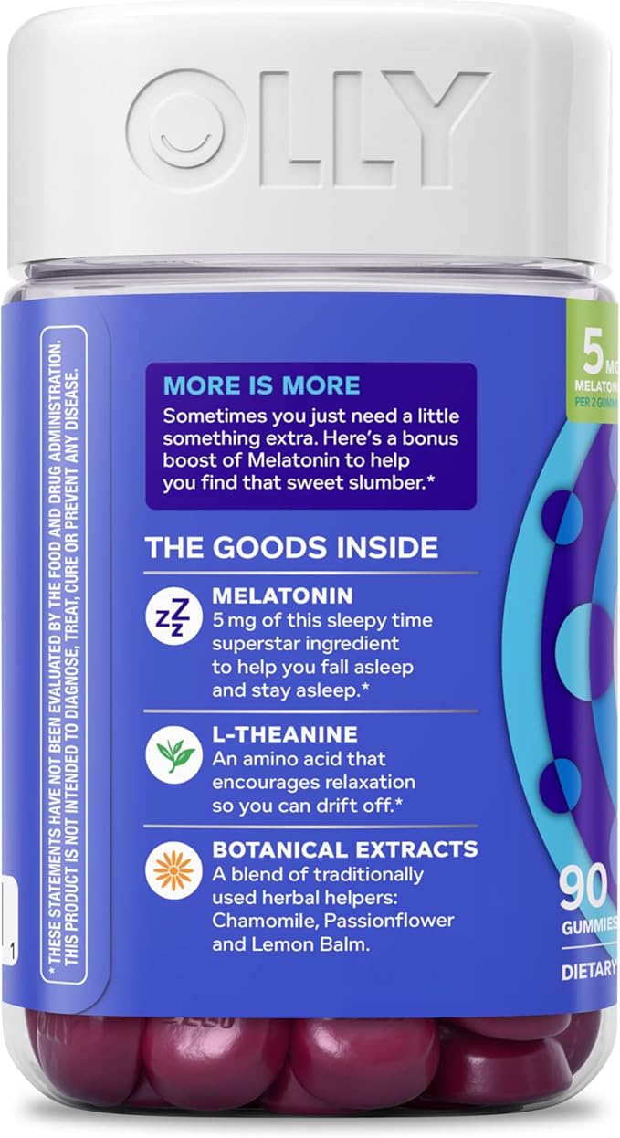 OLLY Extra Strength Sleep Gummy 5 mg Melatonin, L-Theanine, Chamomile, Lemon Balm Extracts, Sleep Aid, BlackBerry Flavor - 90 Count