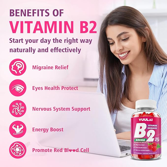 Pack of Vitamin B2 Gummies 400mg | Riboflavin Supplement with Magnesium for Kids & Adults, B2 Gummies for Migraine Relief, Nervous System & Skin Health, Vegan, Sugar-Free, Raspberry Flavor, 120 Count
