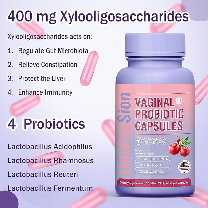 UniVitaSion Vaginal Probiotics for Women pH Balance, Lactobacillus Prebiotic Complex, Cranberry Extract, D-Mannose for Protect Vaginal Health Flora, Vaginal Odor Control - 30 Billion CFU, 60 Capsules