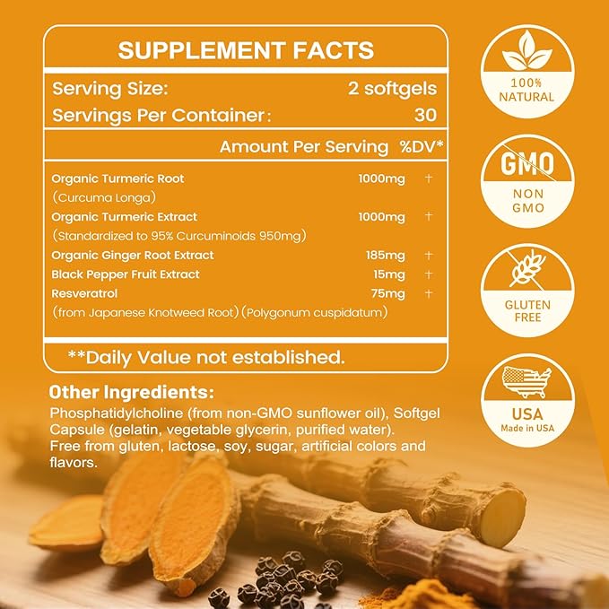inGreens Turmeric Supplement 2275mg, 95% Curcumin, Liposomal Curcumin for Best Absorption, Curcumin Supplement for Joint Support, Bottled in USA - 180 Softgels
