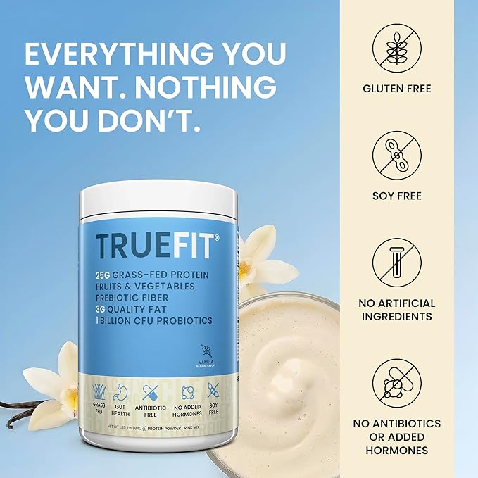 TrueFit High Fiber Protein Powder, Grass-Fed Whey Meal Replacement Shake with Prebiotics, Probiotics, & Organic Superfoods, Keto Friendly, Gluten Free