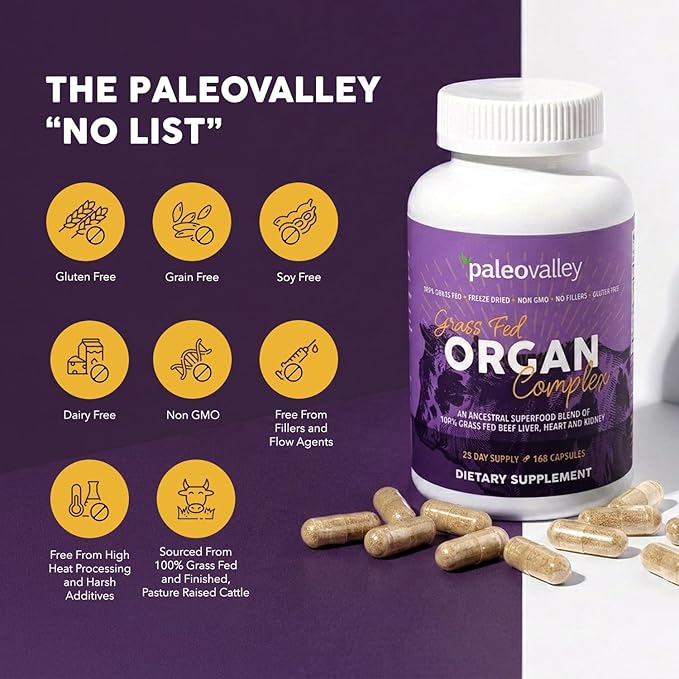 Paleovalley Grass Fed Beef Organ Complex - Freeze-Dried Beef Liver, Heart, and Kidney Blend, 1 Bottle