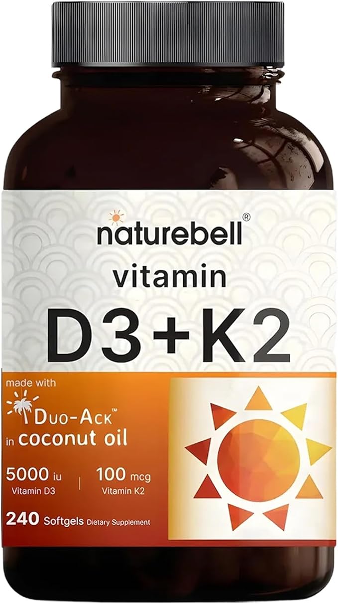 NatureBell Vitamin D3 K2-240 Softgels - 5,000 IU Vitamin D3 & 100mcg Vitamin K2 MK-7 - with Virgin Coconut Oil - Bone, Heart & Immune Health Support* - Duo-Ack Formula