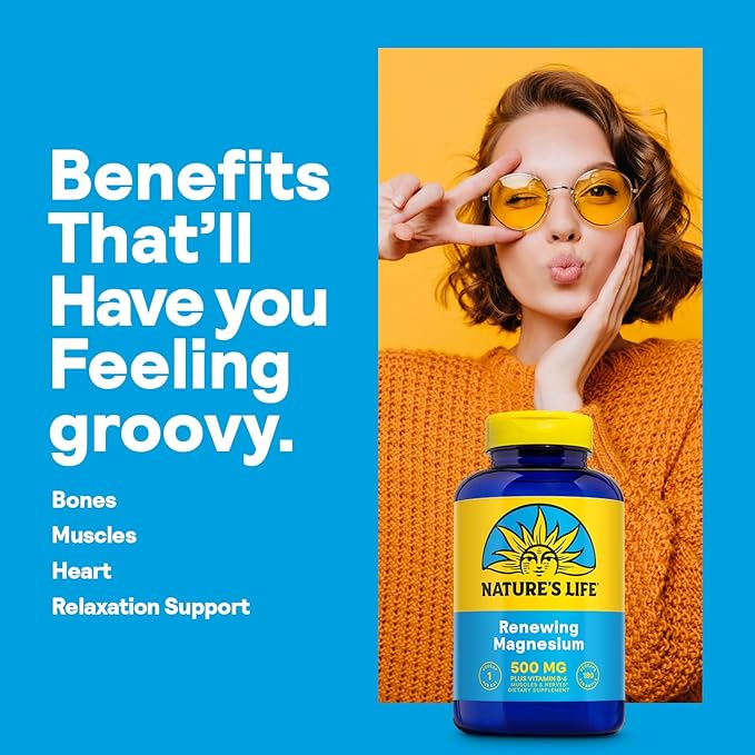 Natures Life Renewing Magnesium 500 mg - Plus Vitamin B-6 - Muscles and Nerves Support - Lab Verified (180 Servings, 180 VegCaps)