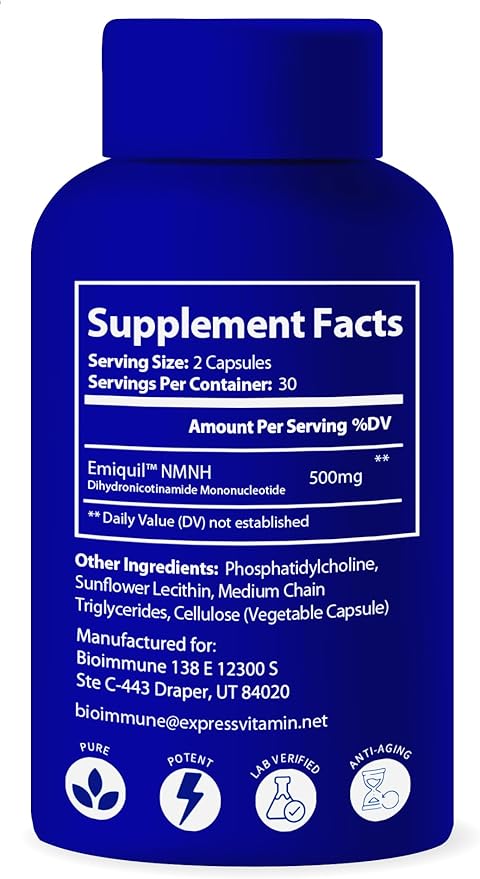 BioImmune Emiquil™ Liposomal NMNH, 500mg 60 Capsules NAD Supplement (NMN Alternative) 10X NAD+ Levels for Anti-Aging