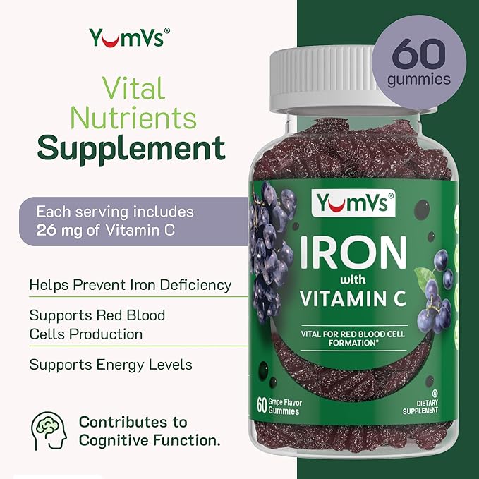 Iron Gummies Supplement with Vitamin C – 10 mg Iron Supplement – Great-Tasting Gummies Grape Flavor – Supports Immune Health & Helps with Iron Deficiency – Vegan, Kosher, Non-GMO – 60 Count
