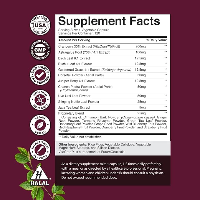 Advanced Kidney Support Supplement - Kidney Cleanse Detox & Repair Cranberry Extract Capsules with Uva Ursi, Stinging Nettle & Astragalus for Kidney health - Urinary Tract Health - 120 Count