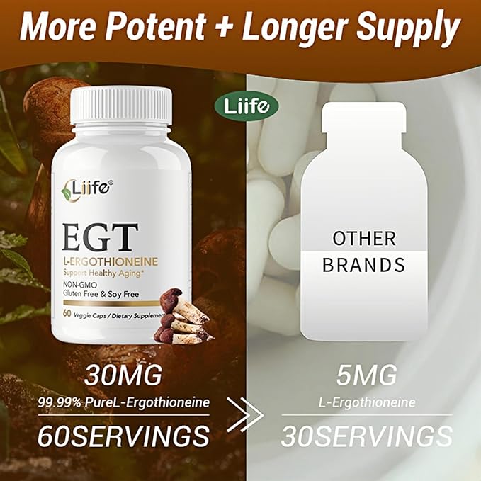 LIIFE L-Ergothioneine Supplement (EGT) 30mg,Compound Antioxidant Supplement (May Support Longevity and Healthy Aging) Promotes Skin Health，60 Capsules，Non-GMO, Gluten Free, Vegan Safe