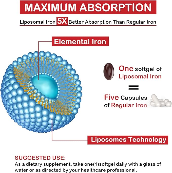 Liposomal Fe Iron Supplement for Women, 65 mg Iron Supplement with Folic Acid & Vitamin B12 for Men, Daily Blood & Energy Support for Adults Iron Deficiency 60 Softgels (2 Bottle)