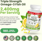 Triple Strength Omega 3 Fish Oil Supplements 2400mg | 180 Capsules, Burpless High Potency Lemon Flavor, High EPA DHA for Men & Women Ultra Pure Softgels | Joint Support, Eyes, Heart Brain Health Pills