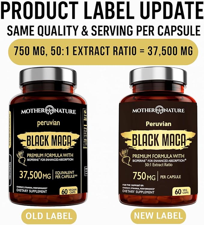 Black Maca Root 50:1 Extract 37,500mg – 60 Capsules Organic Peruvian Maca Peruana Supplement for Men | High Potency Energy, Mood & Performance Support | Vegan, Non-GMO