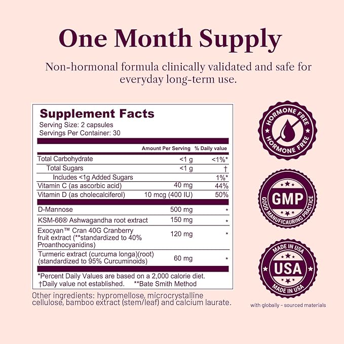 Menopause Urinary Support for Women 40+ | Urgency, Frequency & Hydration Balance | with D-Mannose & 48mg PAC Cranberry | Hormone-Free, Doctor-Formulated | 60 Capsules 1 Month Supply