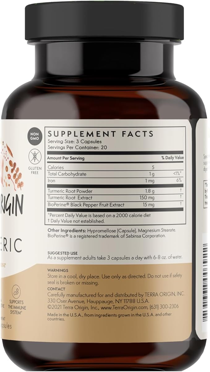 TERRA ORIGIN Turmeric with BioPerine, 60 Vegetable Capsules