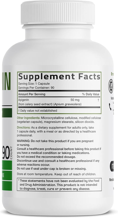 Bronson Apigenin 50mg Apium Graveolens Once Daily Formula, 90 Vegetarian Capsules