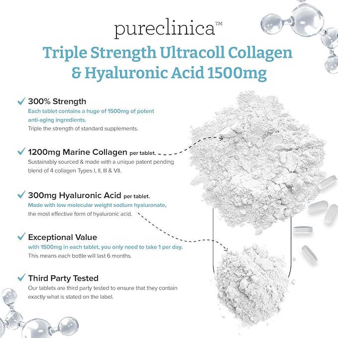 pureclinica UltraColl Collagen & Hyaluronic Acid 1500mg x 360 Tablets (2 Bottles of 180) - 1 Years Supply