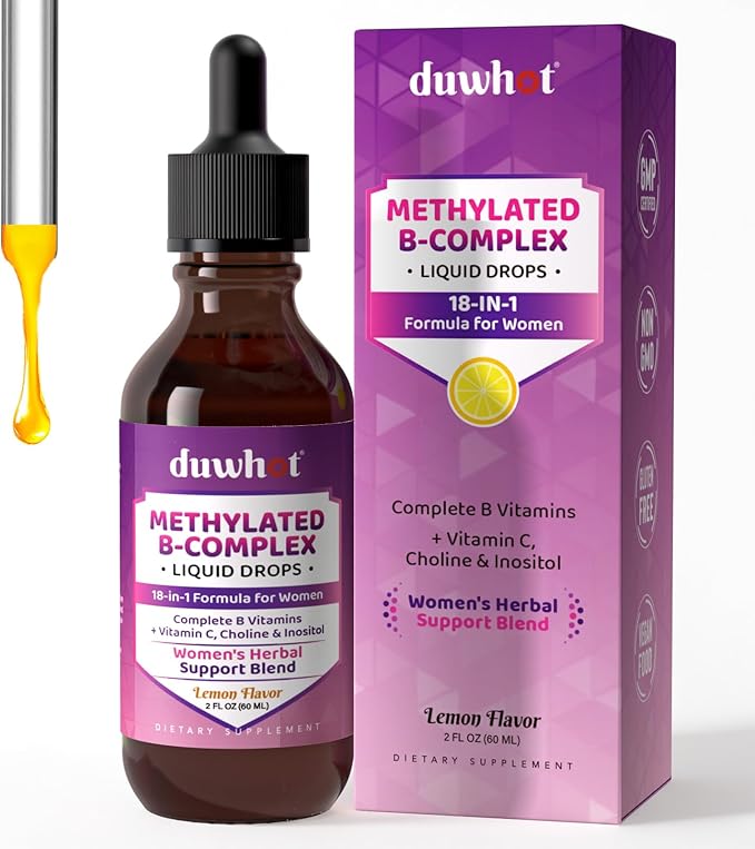 duwhot Women Methylated B-Complex Liquid Drops, Active B Vitamins B1 B2 B6 B9 (5-MTHF) & B12 1000 mcg, Vitamin C, Magnesium, Inositol, Choline & Herbal Blend for Energy, Stress Support, 2 Fl Oz