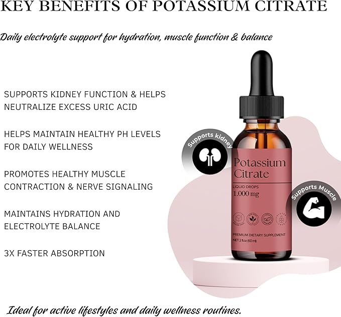 DLS Potassium Citrate Liquid & Potassium Supplement Drops 1000mg – High Absorption Electrolyte & Kidney Support – Uric Acid Balance, Muscle & Nerve Function – Non-GMO, Vegan, Sugar Free 60ml 2 fl oz