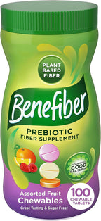 Benefiber Chewable Prebiotic GLP-1 Friendly Fiber Supplement Tablets for Digestive Health, Assorted Fruit Flavors - 100 Count