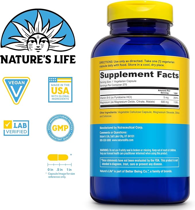 Nature’s Life Renewing Magnesium 500 mg - Magnesium Citrate, Magnesium Malate, Magnesium Oxide Plus Vitamin B-6 - Muscles and Nerves Support - Lab Verified - 275 Servings, 275 VegCaps (Pack of 2)
