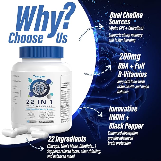 Brain Supplements for Memory and Focus, Clarity & Cognitive Improvement, 300mg Alpha GPC, CDP-Choline, DHA, Lion’s Mane, L-Theanine, Vitamin & Phosphatidylserine for Men & Women, 90 Capsules, 3PACK