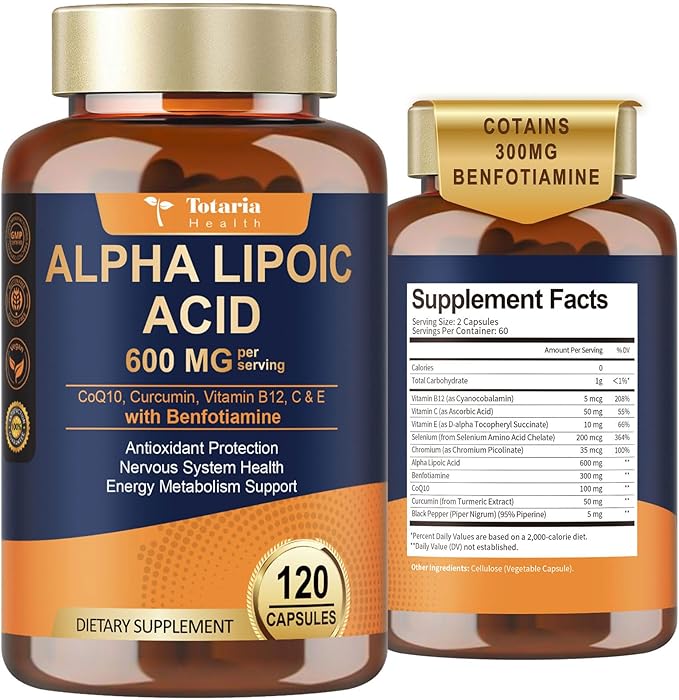 Alpha Lipoic Acid 600mg with Benfotiamine 300mg - ALA Supplement for Antioxidant, Nerve Health, Energy & Metabolism Support, Cell Energy, Neuropathy Supplement, Anti-Aging, Non-GMO, Gluten Free, Vegan