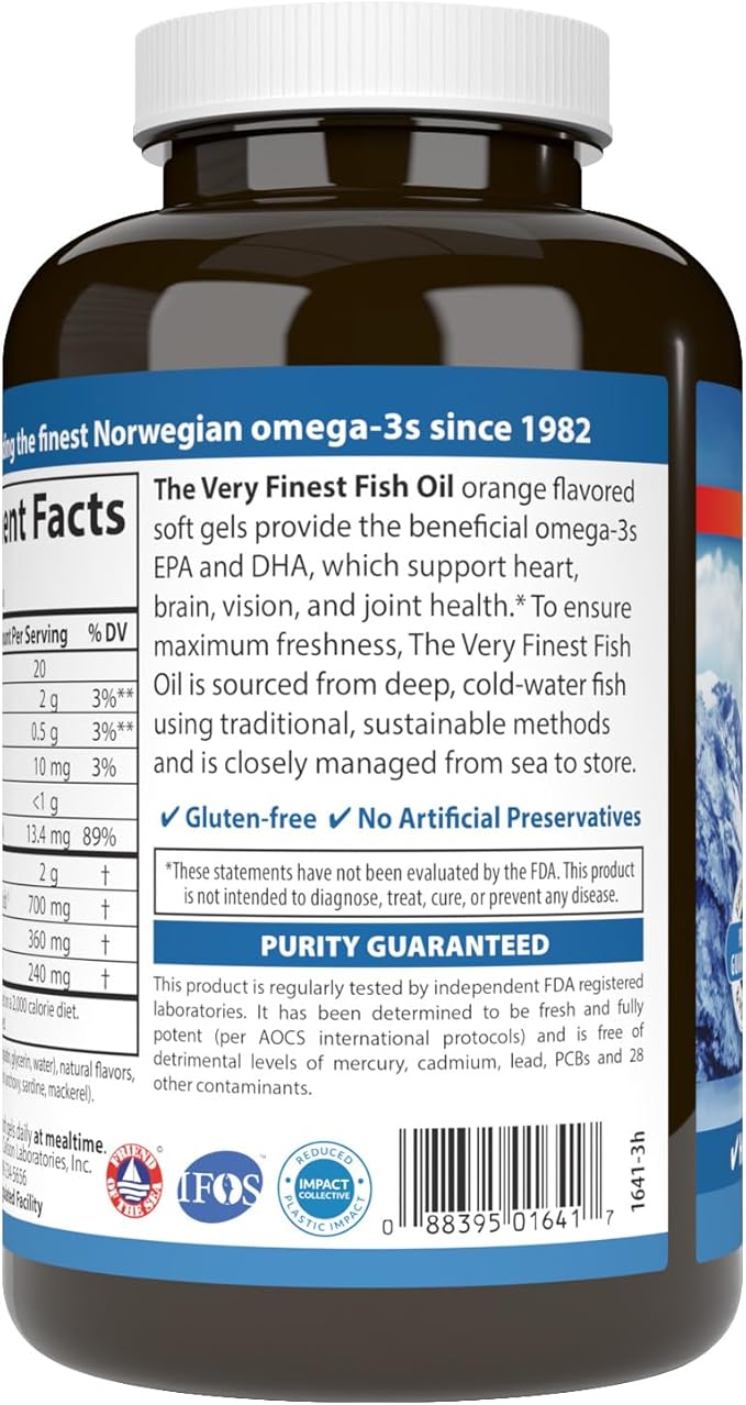 Carlson - The Very Finest Fish Oil, 700 mg Omega-3s, Norwegian Fish Oil Supplement, Wild Caught Omega 3 Fish Oil, Sustainably Sourced Fish Oil Capsules, Omega 3 Supplement, Orange, 120 Softgels