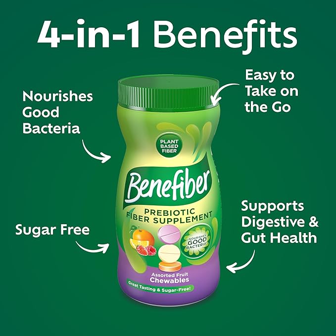 Benefiber Chewable Prebiotic GLP-1 Friendly Fiber Supplement Tablets for Digestive Health, Assorted Fruit Flavors - 100 Count (Pack of 12)