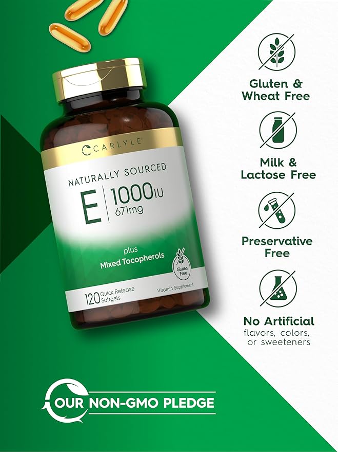 Carlyle Vitamin E 1000 IU Softgels | with Mixed Tocopherols | 120 Pills | Naturally Sourced Supplement | Non-GMO and Gluten Free Formula