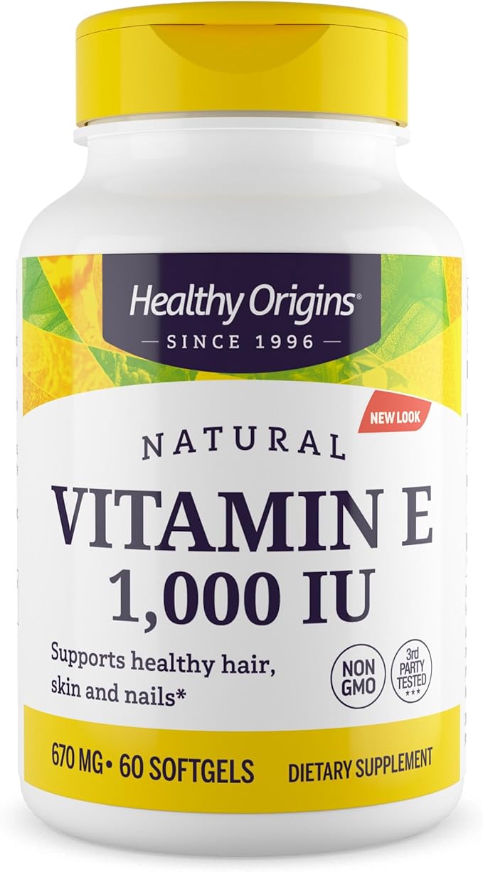 Healthy Origins Vitamin E, 1,000 IU (Natural) Mixed Tocopherols - Vitamin E Supplement - Gluten-Free & Non-GMO Skin, Hair & Nails Vitamin - 60 Softgels