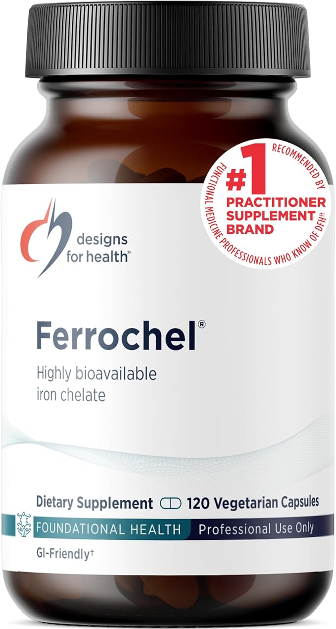 Designs for Health Iron – Vital for Energy Production, Immune & Brain Health, High Absorption Ferrochel Chelated Iron for Women & Men as Ferrous Bisglycinate Chelate – Pregnancy Safe (120 Vegan Caps)