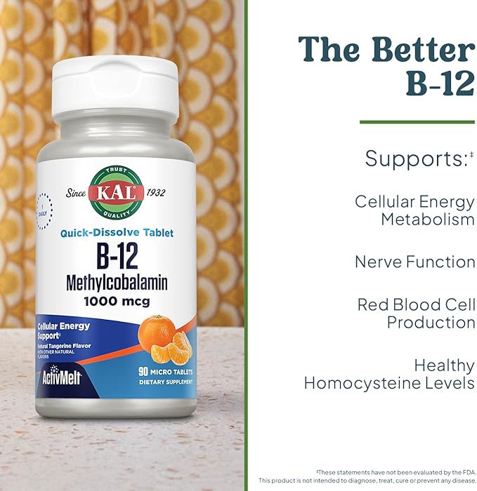 KAL Vitamin B12 Methylcobalamin 1000mcg, Healthy Energy, Metabolism, Nerve & Red Blood Cell Support,* Fast Dissolve ActivMelt, Optimal Absorption, Natural Tangerine Flavor, 90 Servings, 90 Micro Tabs