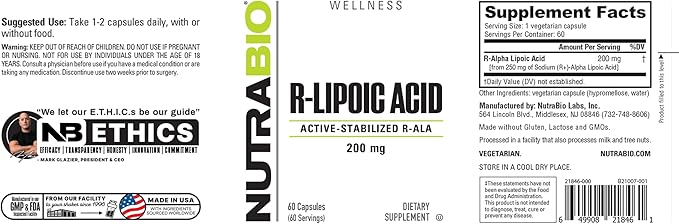 NutraBio R-Lipoic Acid Supplement, 200mg Active Stabilized R-ALA - Optimized Alpha Lipoic Acid Formula for Better Absorption to Support Health and Wellness - 60 Capsules