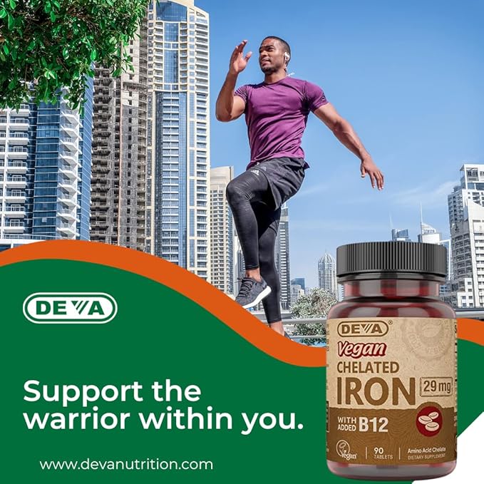 Deva Nutrition Vegan Chelated Iron 29 mg Fortified with B-12 - High Potency, Easy to Swallow - 90 Tablets, 1-Pack