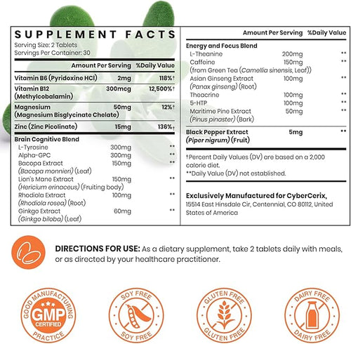 17-in-1 Brain Supplement for Memory and Focus - Nootropic Brain Supplement for Concentration, Clarity, Energy & Focus - Natural Caffeine Blend with Vitamins, Amino Acids & Herbal Extracts - 60 Tablets
