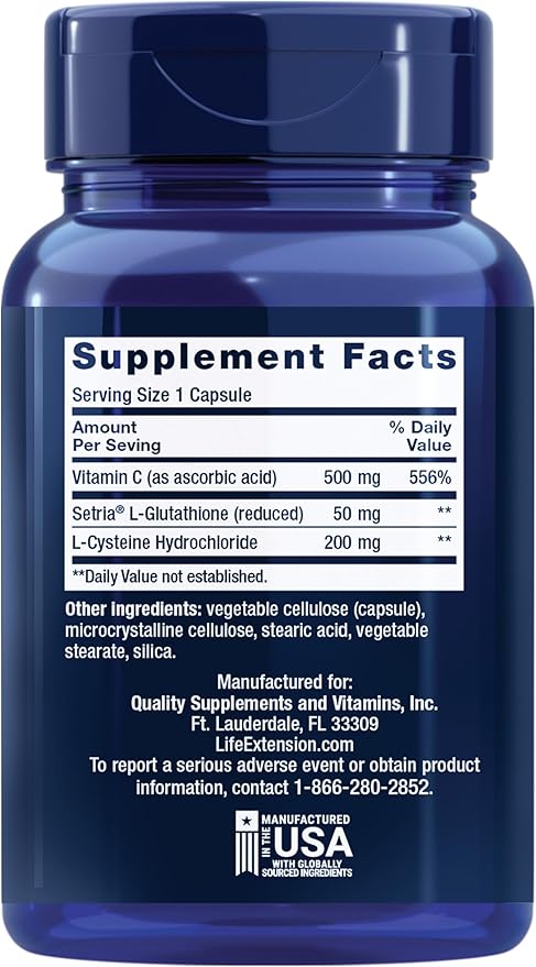 Life Extension Glutathione, Cysteine & C, 500 mg of Vitamin C, Powerful antioxidant Supplement to Support Liver Health, Gluten-Free, Non-GMO, 100 Capsules