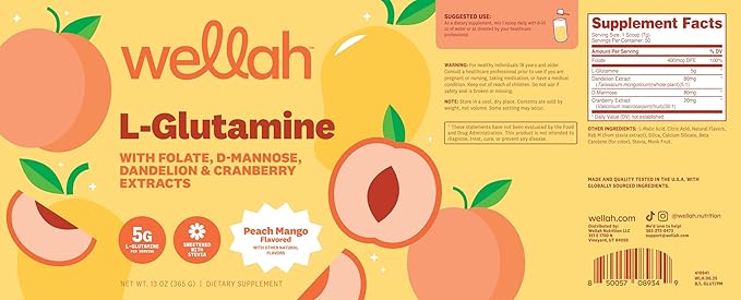 Wellah L-Glutamine Peach Mango (50 Servings) - 5g L-Glutamine Per Serving, Sweetened with Stevia