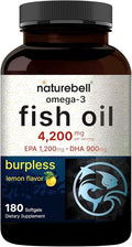 NatureBell Omega-3 Fish Oil - 180 Softgels - Support for Joint, Brain & Heart Health* - with EPA & DHA - No Burps or Fishy Aftertaste - Non-GMO & Mercury-Free Formula - Lemon Flavor