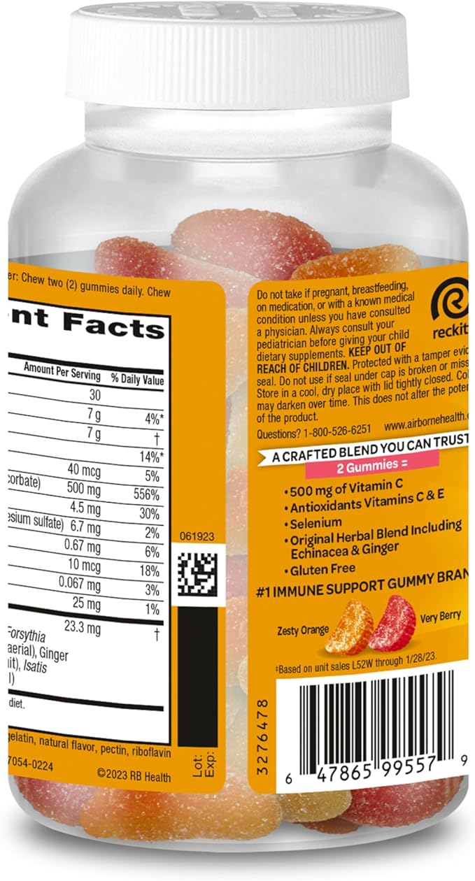 Airborne 500mg Vitamin C + Zinc Immune Support Supplement Gummies for Kids, Assorted Fruit Flavor, Gluten Free Crafted Blend with Powerful Antioxidants Vitamins C & E, 63 Gummies