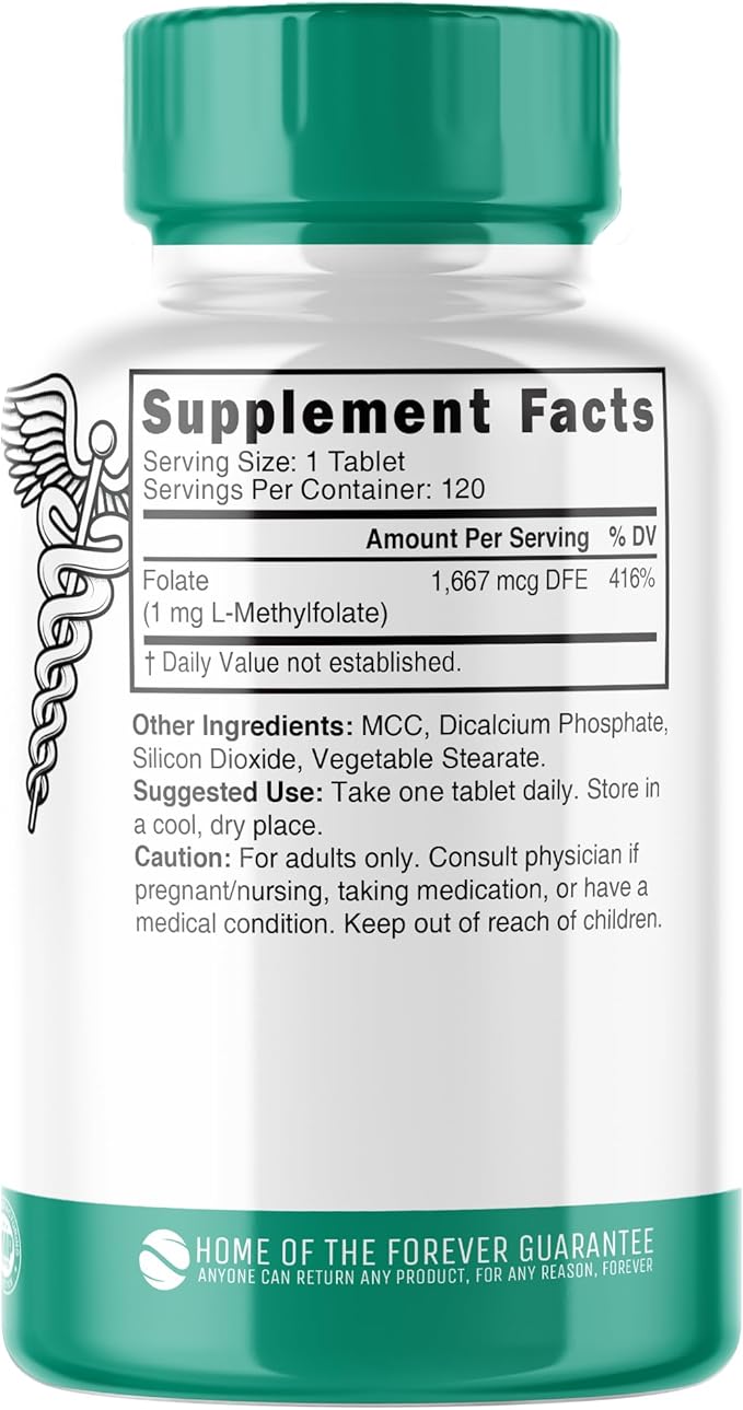 Nutri 5-MTHF L Methylfolate 1MG - 4 Month Supply, 120 Vegan Tablets - Methylated Folate Supplement - Cognitive Function, Heart Health, Prenatal Support - 3rd Party Tested - NSF Certified Facility