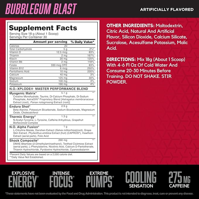 BSN N.O.-XPLODE Cool Rush Pre Workout Powder, Preworkout Energy Supplement for Men and Women with Creatine and Beta-Alanine, Bubblegum Blast, 30 Servings, 1.2 Pound (Packaging May Vary)