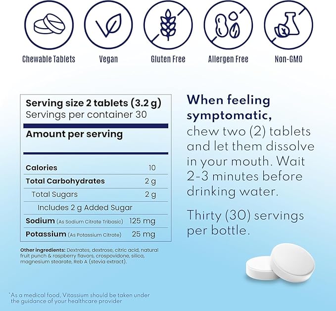 Vitassium FastChews, Chewable Electrolyte Tablets for Management of POTS and High Sodium Diets, Fast-Acting Sodium Tablets, Fruit Punch, 120 Count