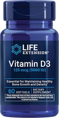 Life Extension Vitamin D3 125 mcg (5000 IU), Bone Health, Brain Performance, Immune System Support, Gluten-Free, Non-GMO, Once Daily, Two-Month Supply, 60 Softgels