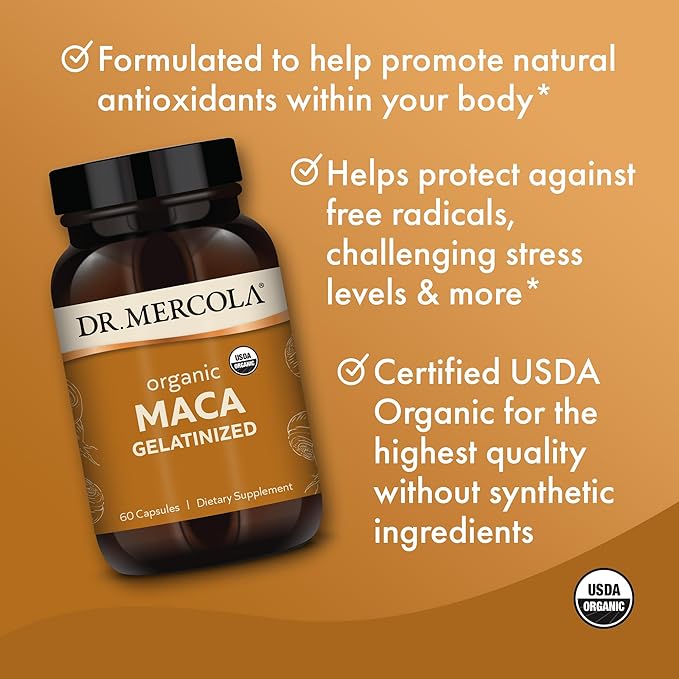 Dr. Mercola Organic Maca - Supports Energy & Stress Response - Peruvian Gelatinized Maca Root - USDA Organic - Non-GMO - 60 Capsules